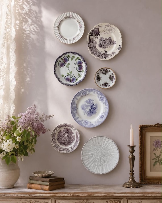 Vintage Purple Wall Plate Gallery Set of 7 | Antique Staffordshire Transferware | Grandmillennial Cottage Decor