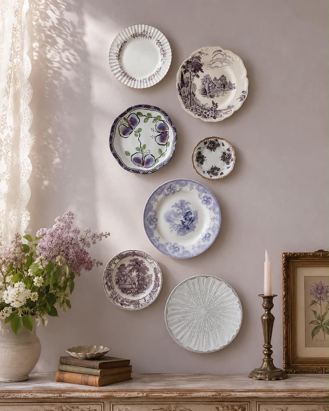 Vintage Purple Wall Plate Gallery Set of 7 | Antique Staffordshire Transferware | Grandmillennial Cottage Decor