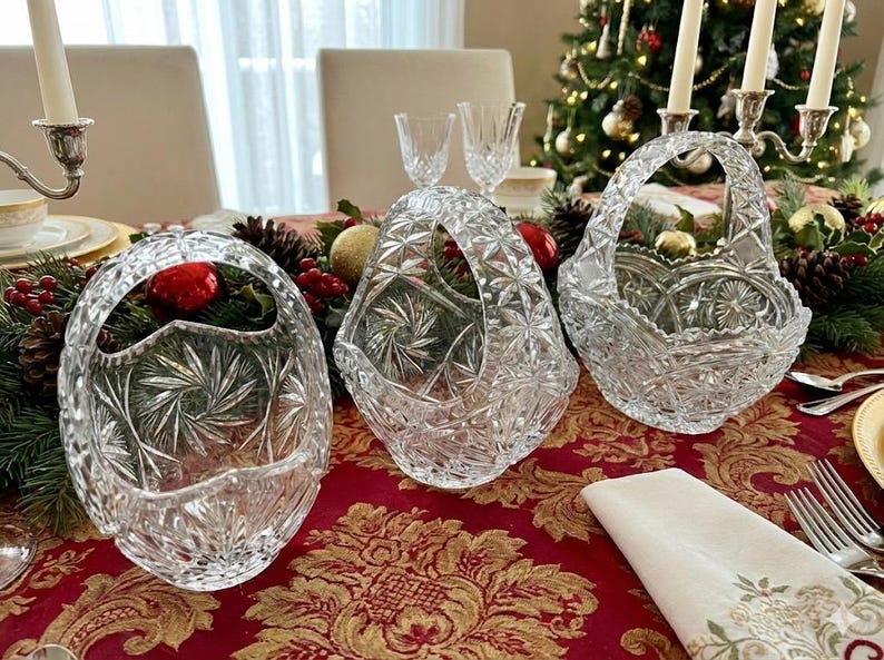 Vintage Heavy Cut Crystal Basket with Handle – Pinwheel & Starburst Pattern, Candy Dish, Wedding Centerpiece, Choose Your Favorite image 4