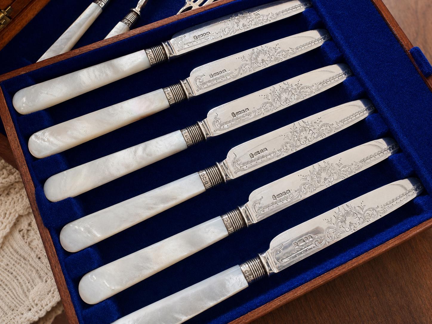 Antique Victorian Mother of Pearl Dessert Flatware Set | 12-Piece Cased Fruit Knives & Forks | Sterling Silver Mounts