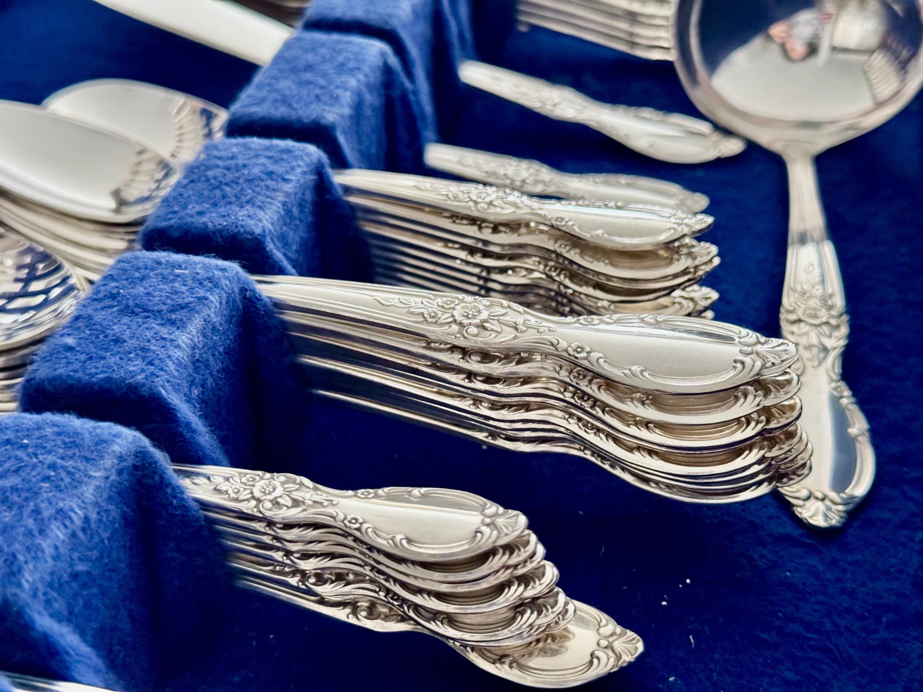 Victorian Rose Silverplate Flatware Set: 53-Piece Service for 8