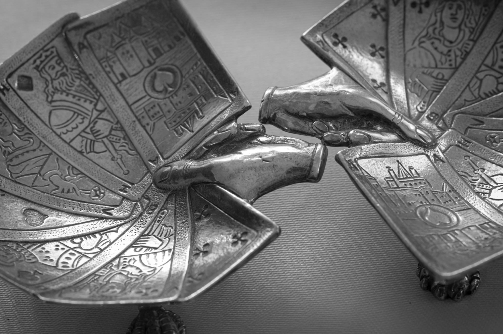 Rare Mid-Century European Sculptural Silver-Plated Playing Card Ashtrays — Pair — c.1950s