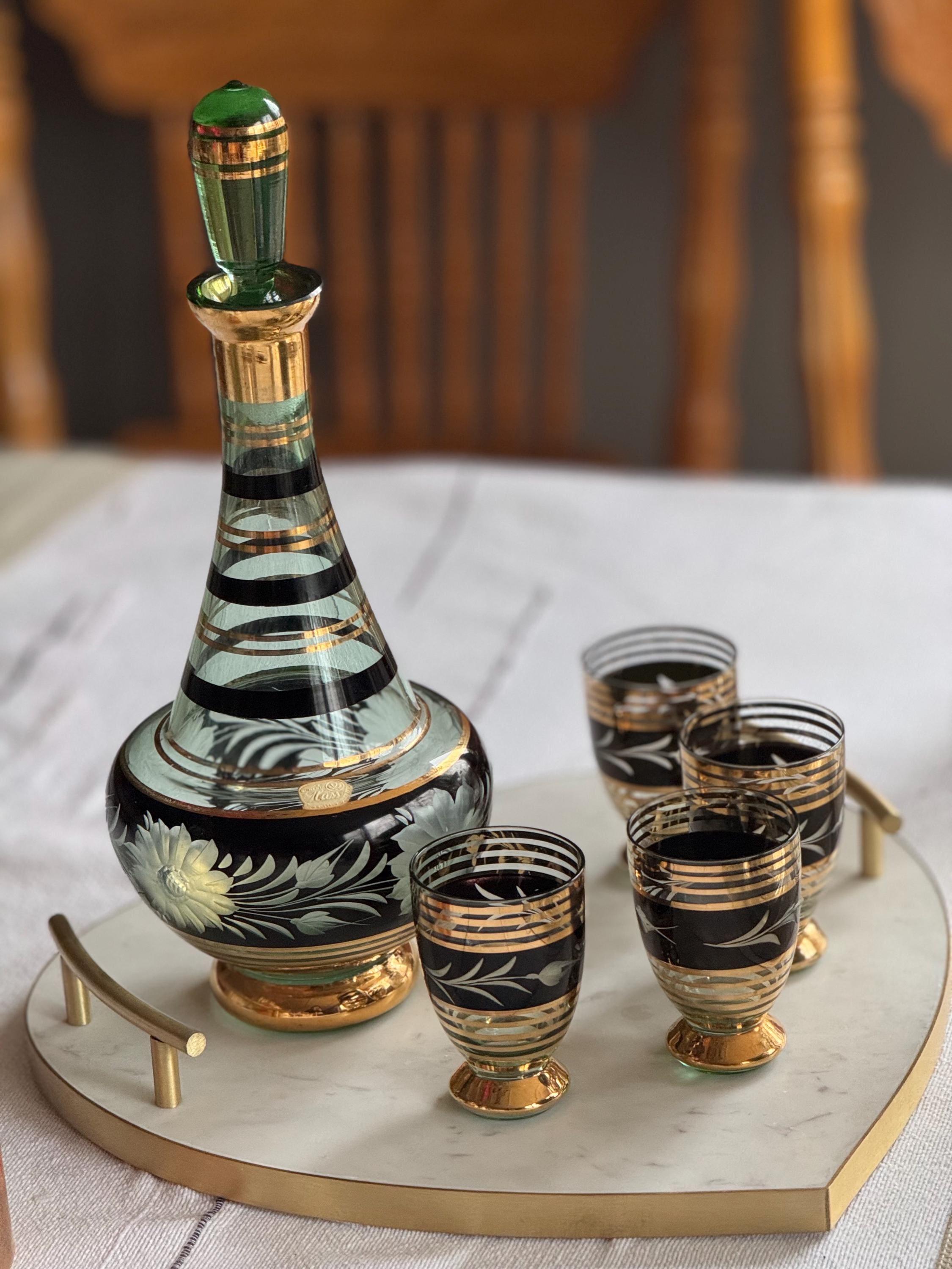 Vintage Bohemia Glass Decanter Set: Hand-Painted 22K Gold, Czechoslovakia