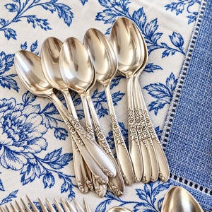May include: A collection of silver-toned metal spoons featuring a decorative floral pattern embossed on the handles. The spoons are arranged in a cluster, showcasing their polished, reflective surfaces and the intricate detailing on the stems.