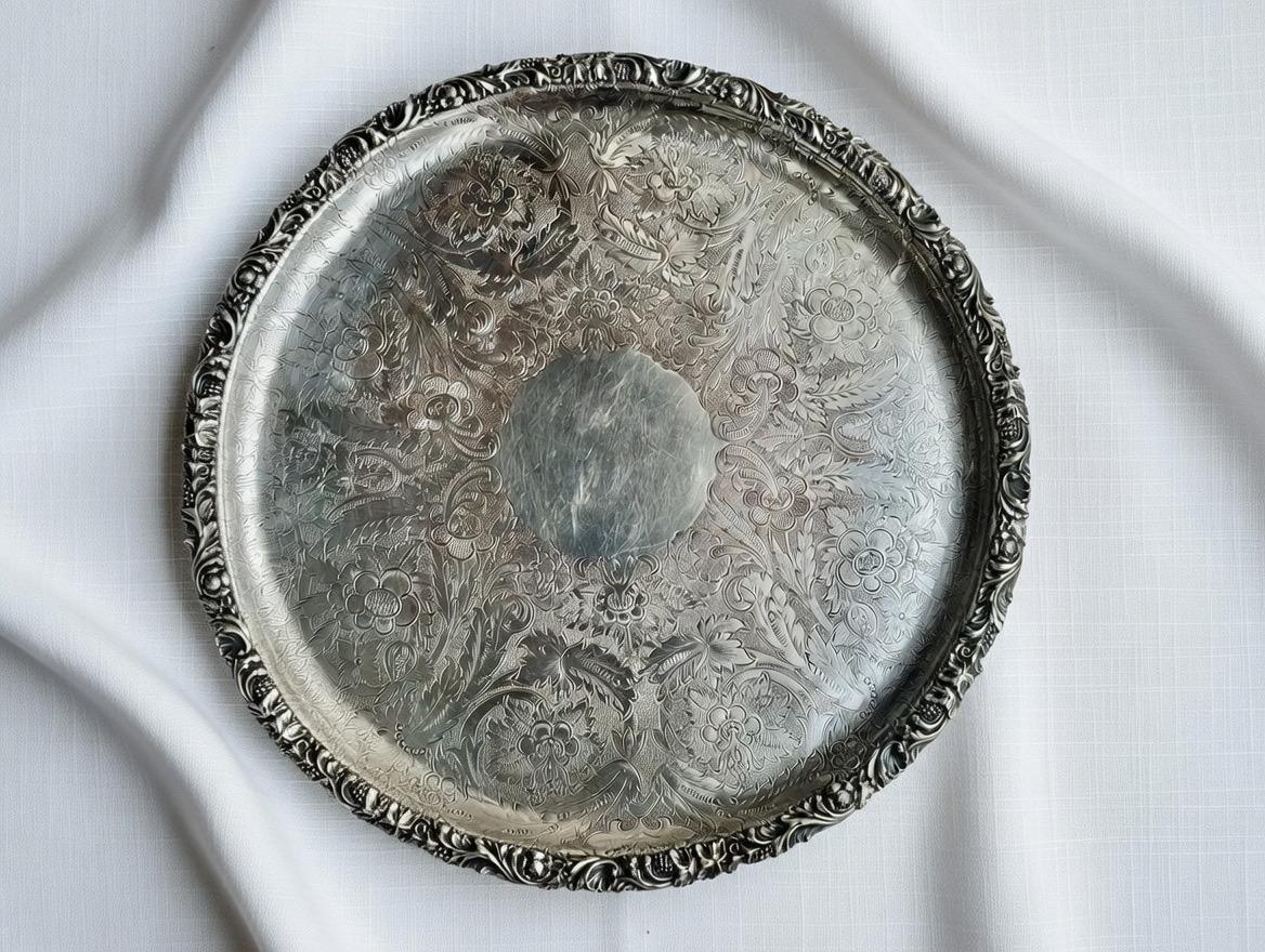 Antique Sheffield Silverplate Round Serving Tray – 11.5″ – Barker Ellis (c.1912+)
