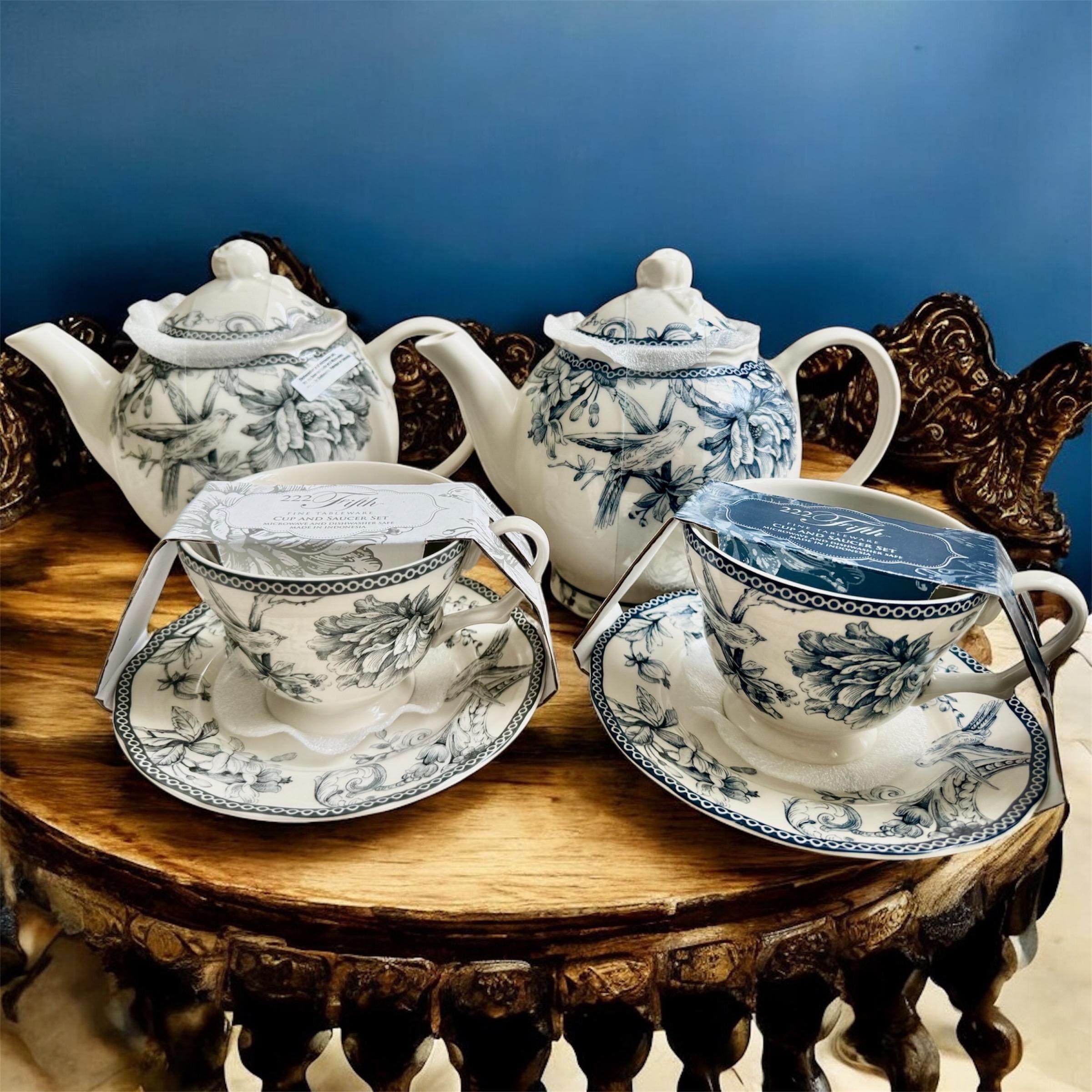 222 Fifth “Adelaide” Blue White Floral Bird Ironstone – Teapot or Cup & Saucer Set