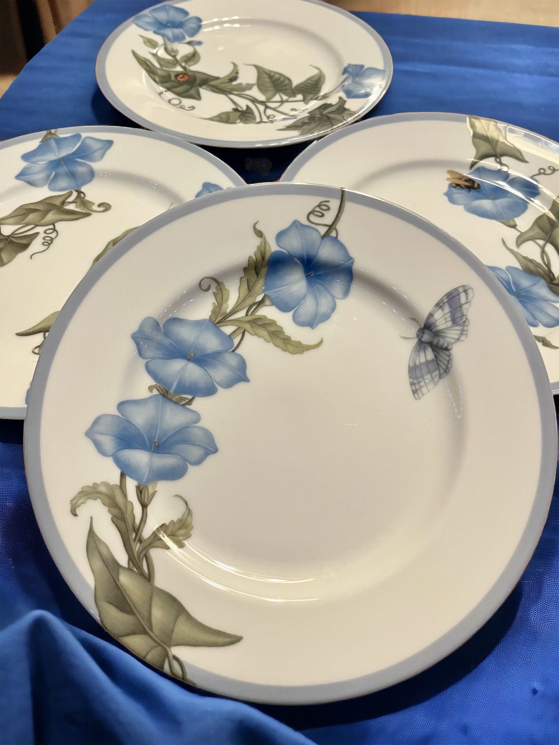 Williams-Sonoma - Set of 4 Salad Plates 8” Spring Blue Flowers & Bugs - Made in Japan