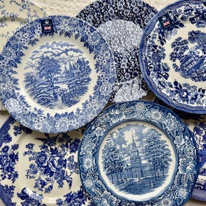 May include: A collection of six ceramic plates featuring blue and white transferware patterns. The designs include detailed landscapes, architectural scenes, and floral motifs. Each plate has a distinct decorative border and a glossy finish.