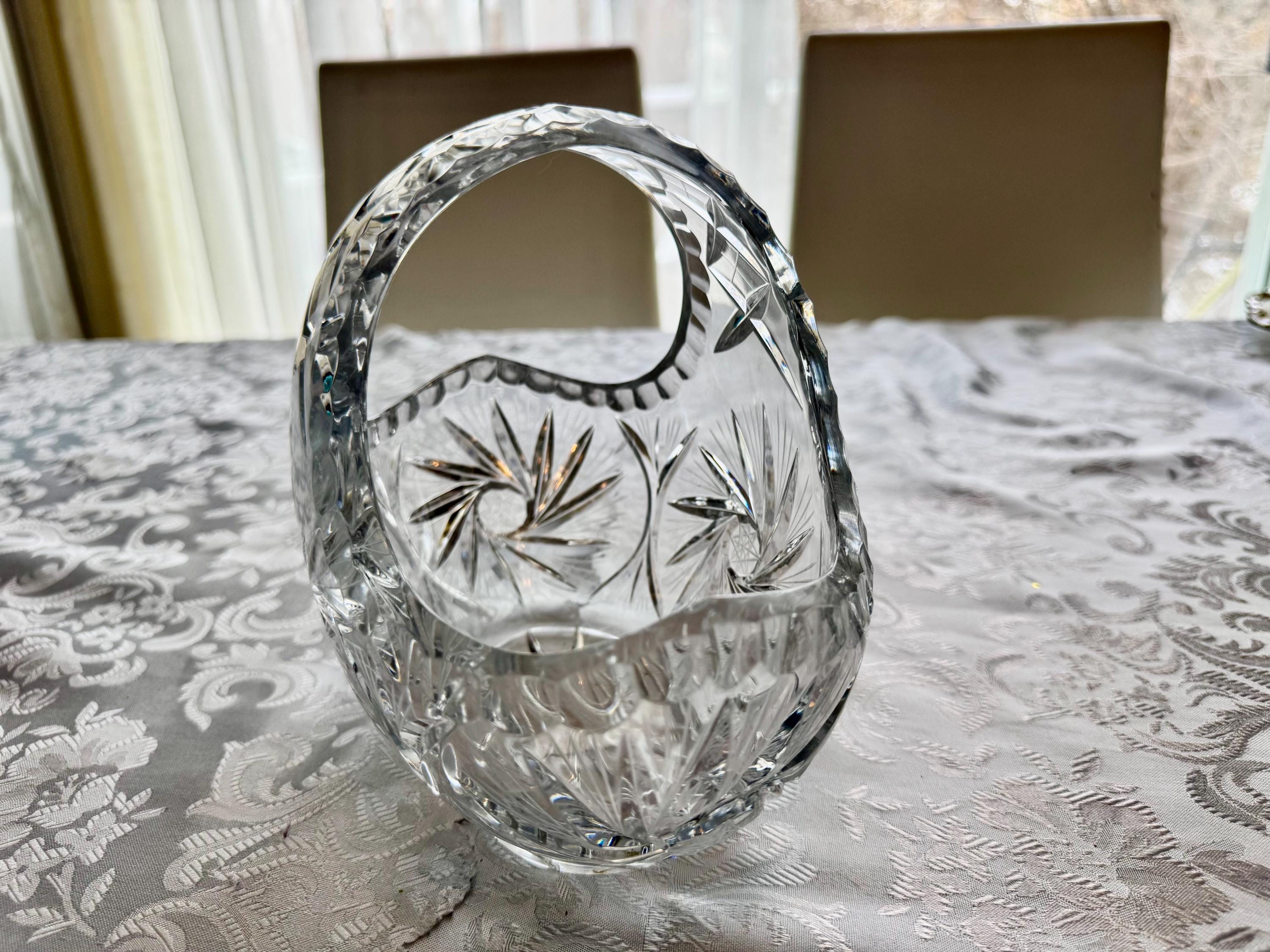 Vintage Heavy Cut Crystal Basket with Handle – Pinwheel & Starburst Pattern, Candy Dish, Wedding Centerpiece, Choose Your Favorite