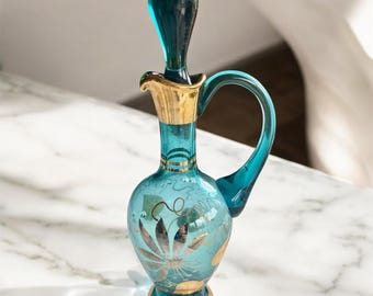 Vintage Bohemia Glass Decanter: Teal Blue, 22K Gold Floral Ewer