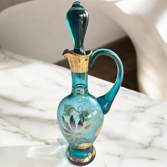 Vintage Bohemia Glass Decanter: Teal Blue, 22K Gold Floral Ewer