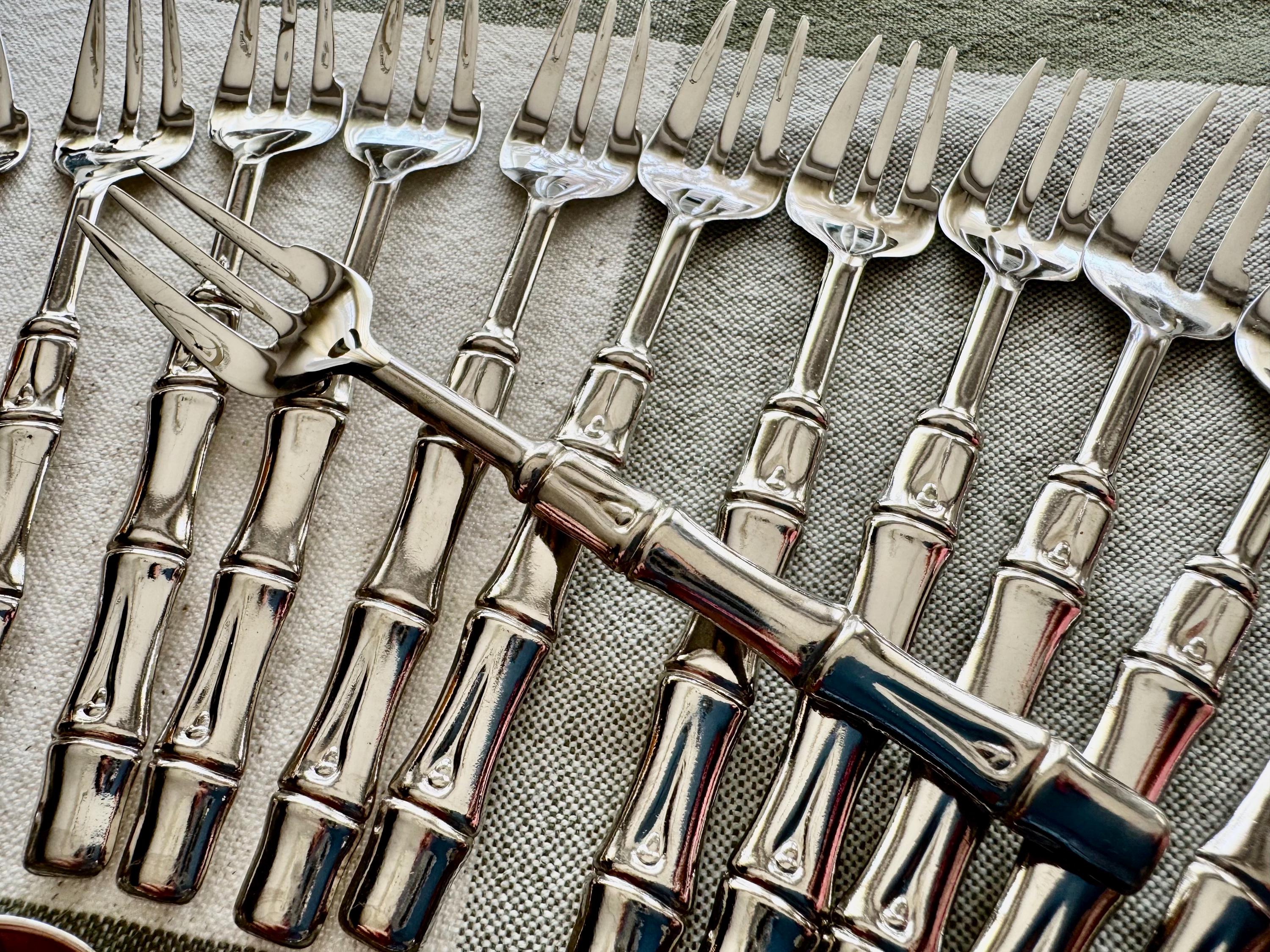 Vintage Italian Silver Plated Bamboo Flatware Set – 12 Hors d’Oeuvres Forks & Sugar Spoon