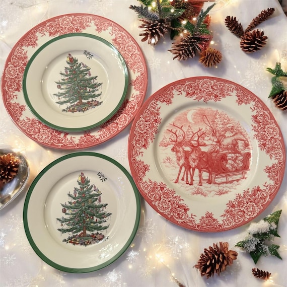 Transferware Christmas Plates — Santa's Sleigh & Spode Tree