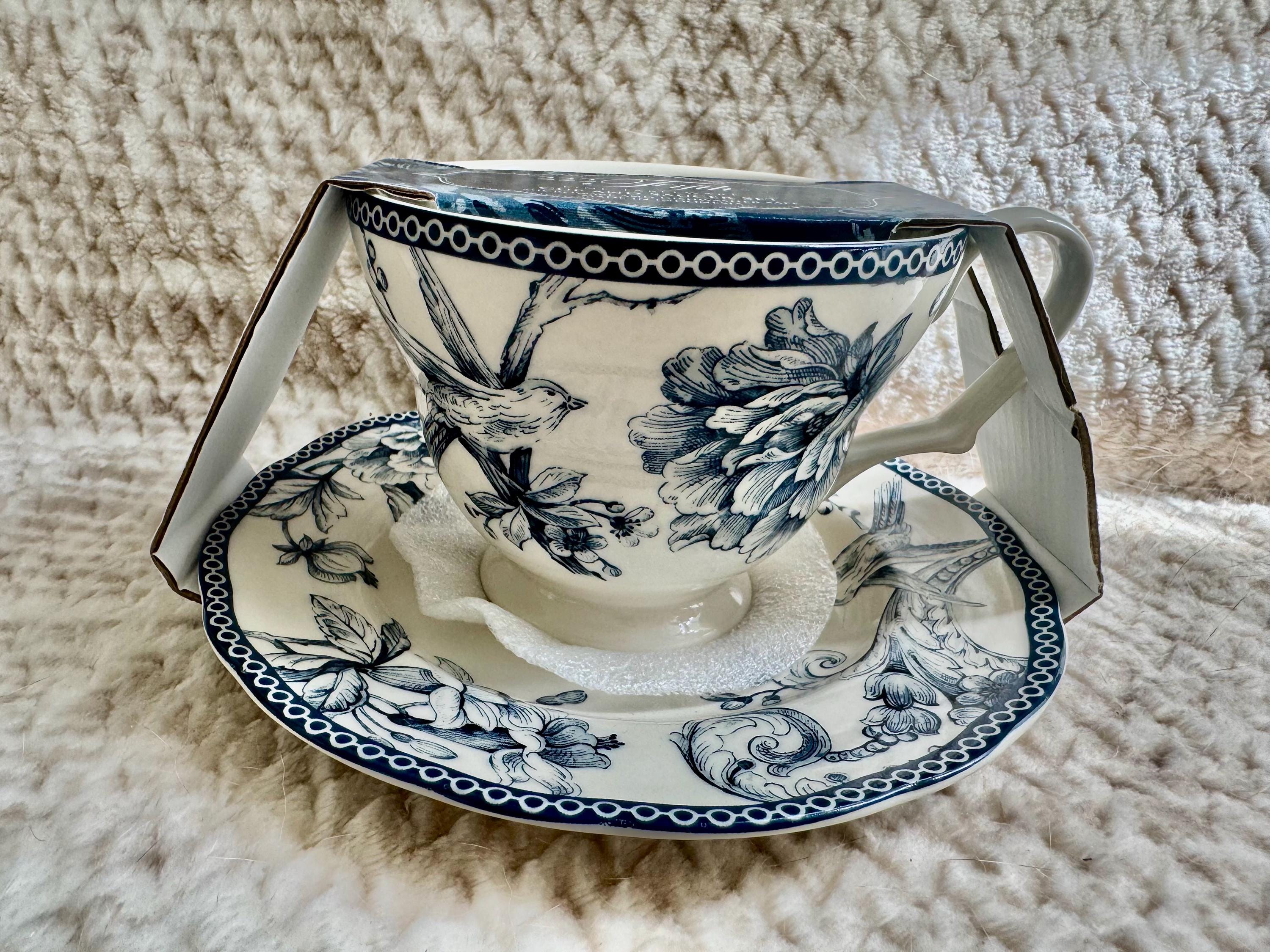222 Fifth “Adelaide” Blue White Floral Bird Ironstone – Teapot or Cup & Saucer Set