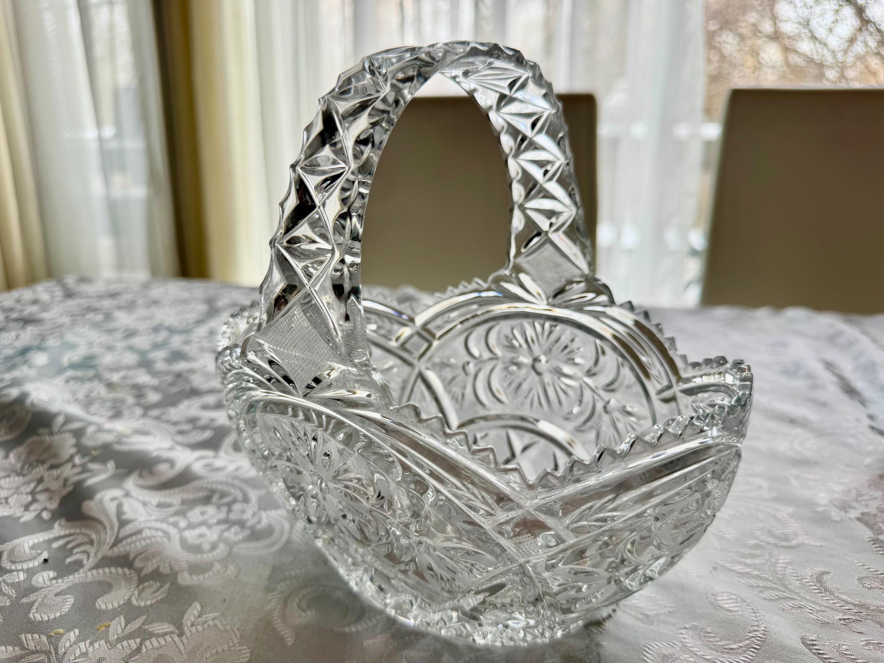 Vintage Heavy Cut Crystal Basket with Handle – Pinwheel & Starburst Pattern, Candy Dish, Wedding Centerpiece, Choose Your Favorite