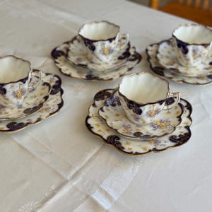 Antique Royal Style Tea Trio – Cobalt Gold & Violets Bone China Set Four Trios