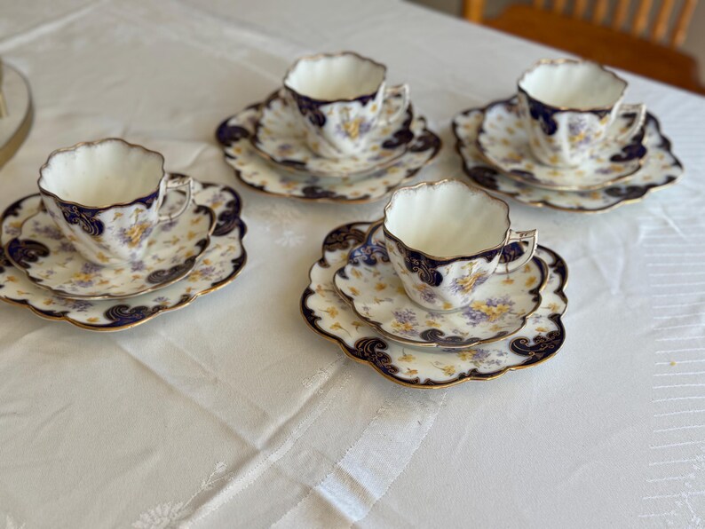 Antique Royal Style Tea Trio – Cobalt Gold & Violets Bone China Set Four Trios