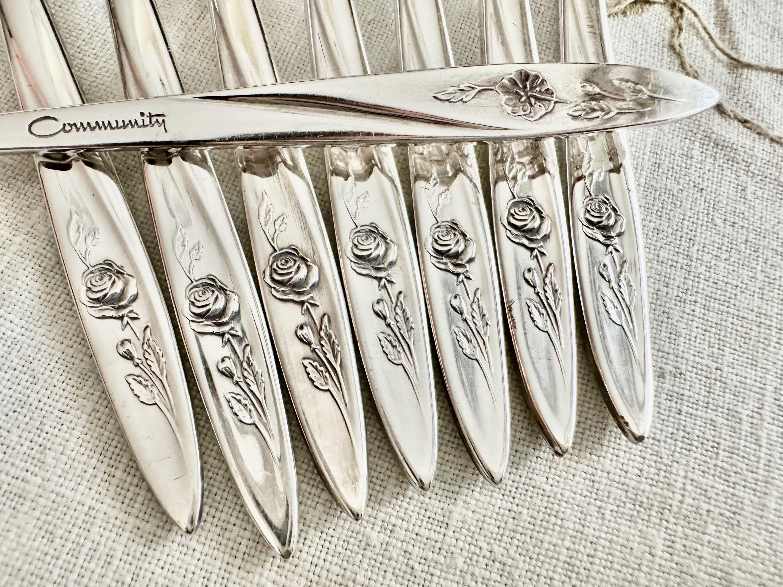 Rare Vintage Morning Rose Cocktail / Seafood Forks – Set of 8 – Oneida Silverplate (1960)