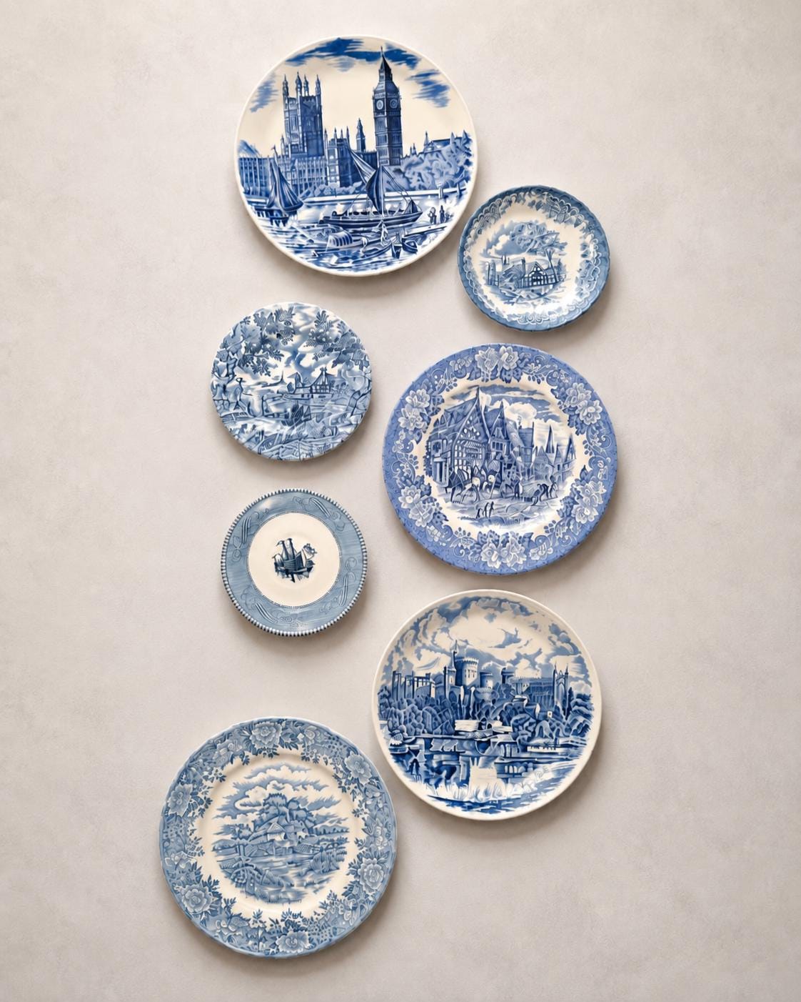 Vintage Blue & White Transferware Plates – English Countryside Scenes, Set of 7