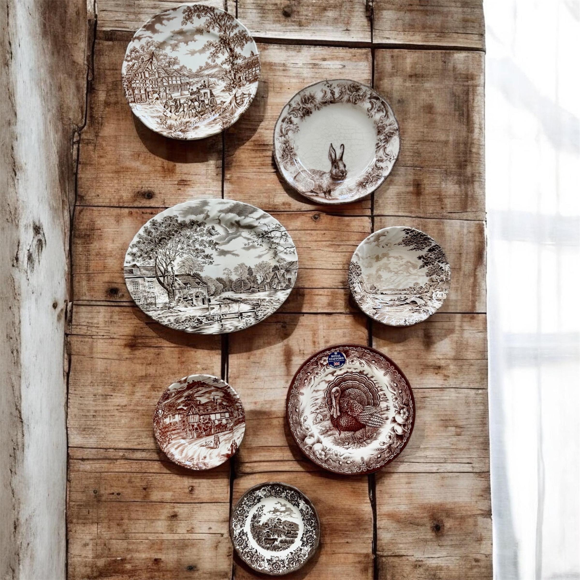 Vintage Brown Transferware Wall Gallery Plate Set or Oil Art —Cottagecore Wall Decor — 7 Plates