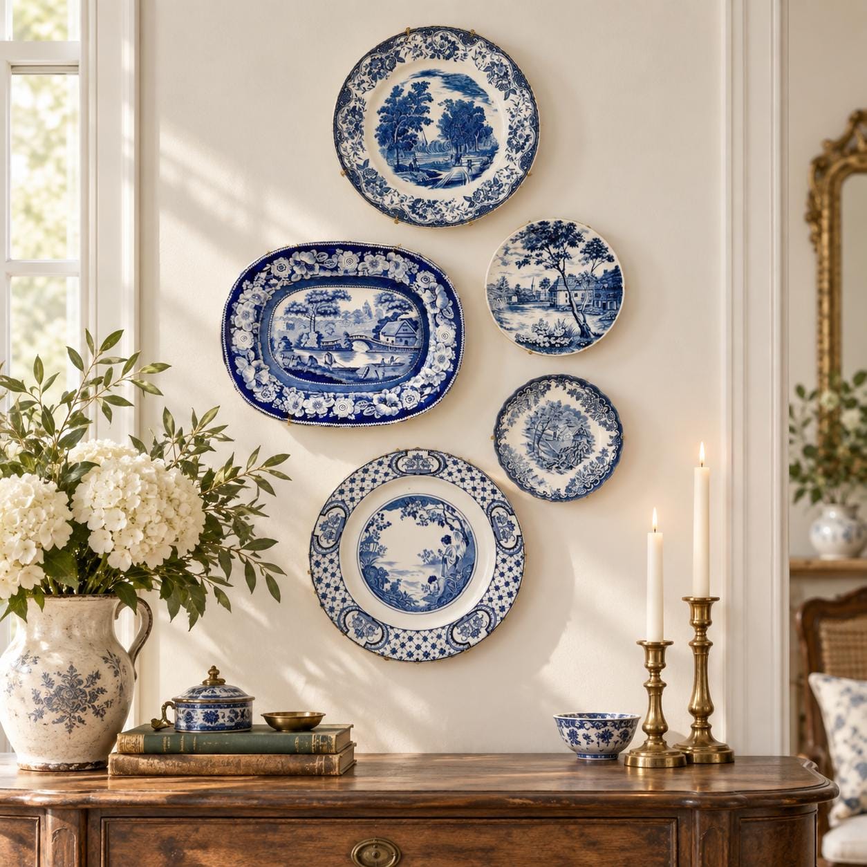 Rare Unique Antique Blue & White Transferware Wall Plate Collection – 5-Piece Assortment