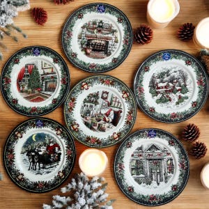 Vintage Style Transferware - Dinner Plates 11” - Royal Stafford England - Christmas Eve Santa