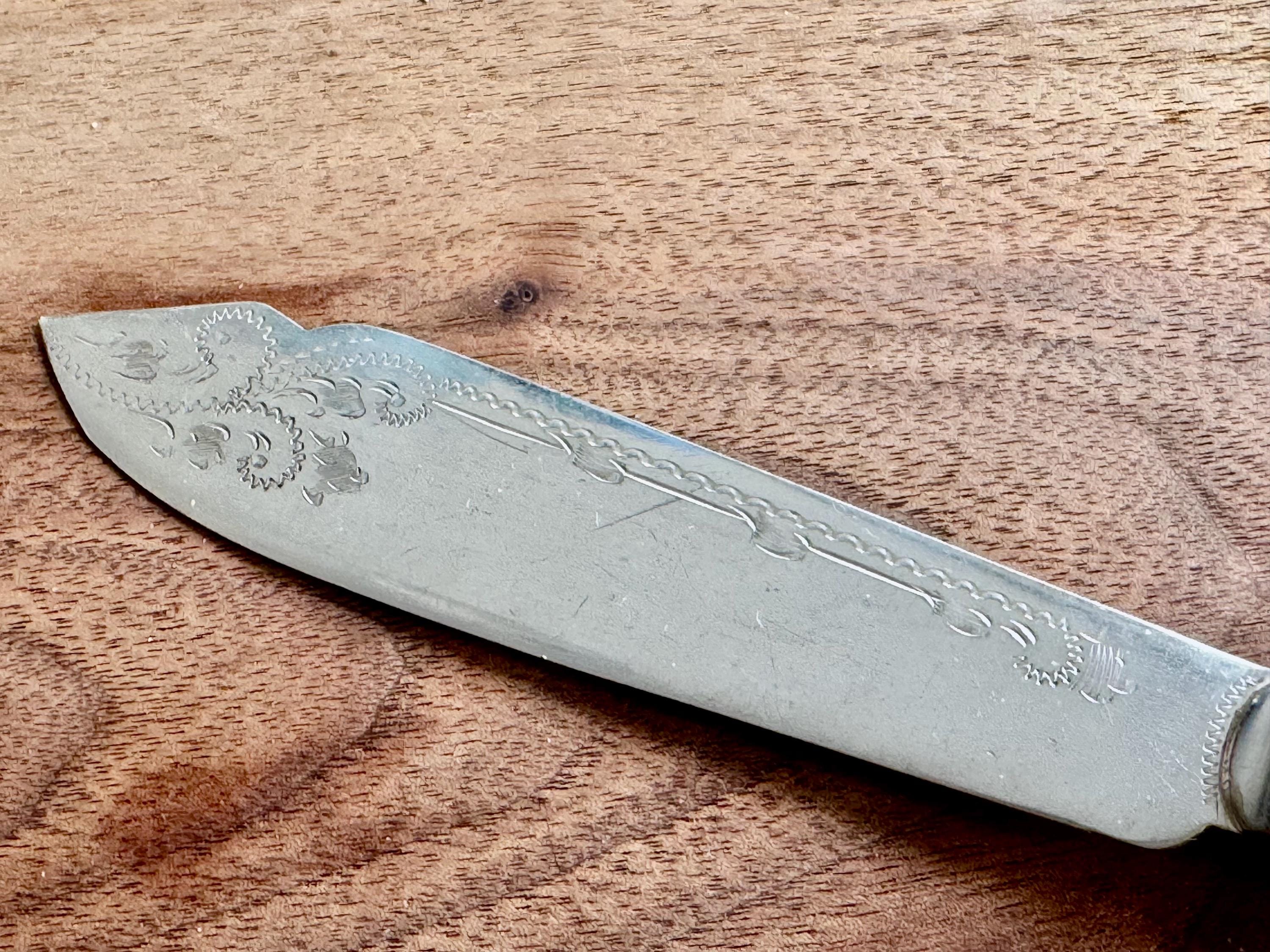 Antique Sterling Silver Handle Fish Knife – Ornate & Engraved – Sheffield 1923 – Silverplate Blade