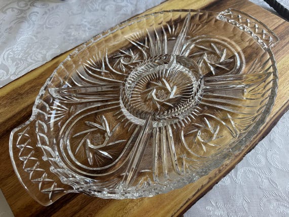 Vintage Heavy Divided Crystal Hors D'Oeuvres Tray: Starburst Crystal Nibbles Dish