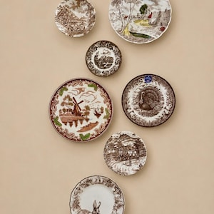 May include: A collection of seven ceramic plates featuring various brown and white transferware designs, including a windmill, a turkey, a rabbit, and rural landscapes. The plates vary in size and edge detail, with some featuring scalloped rims.