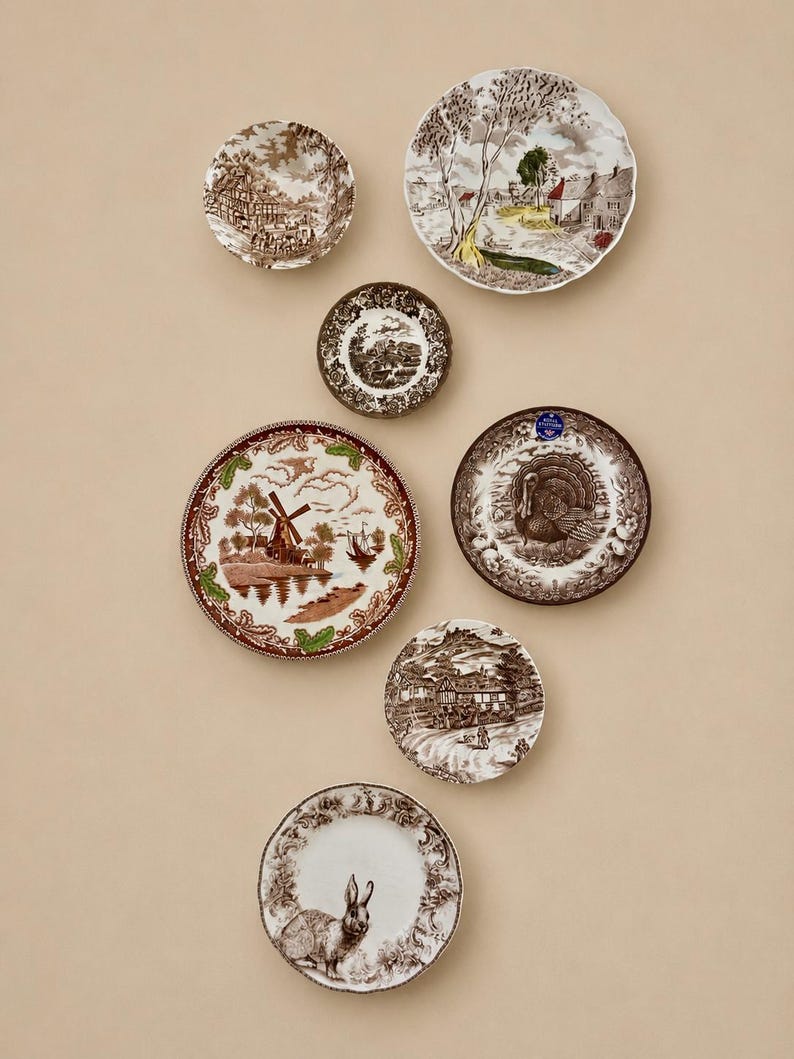 May include: A collection of seven ceramic plates featuring various brown and white transferware designs, including a windmill, a turkey, a rabbit, and rural landscapes. The plates vary in size and edge detail, with some featuring scalloped rims.
