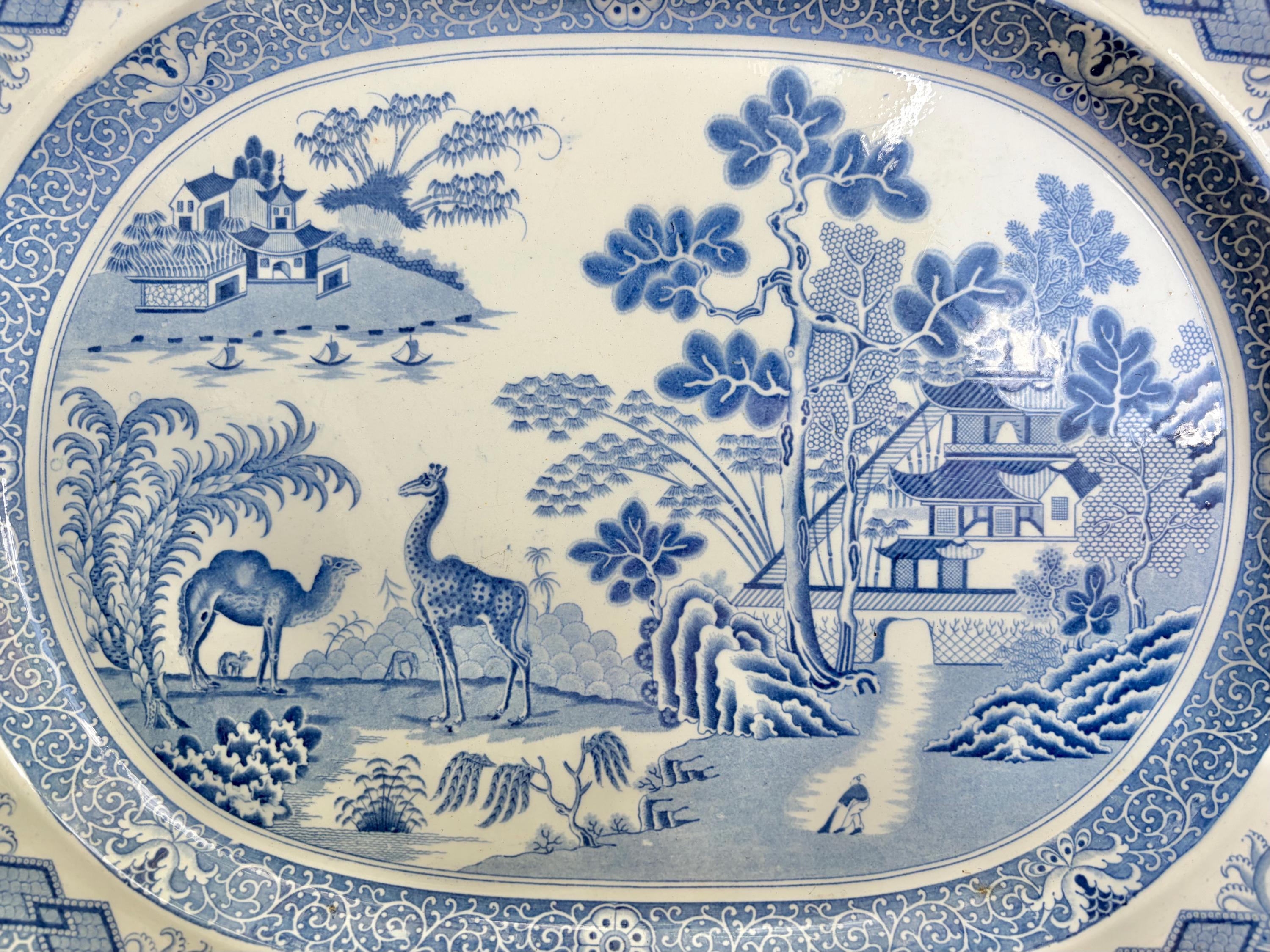 Rare Antique Blue & White Transferware Chinoiserie Platter | Oriental Landscape with Camel and Giraffe | c.1800–1840 | Sold Individually
