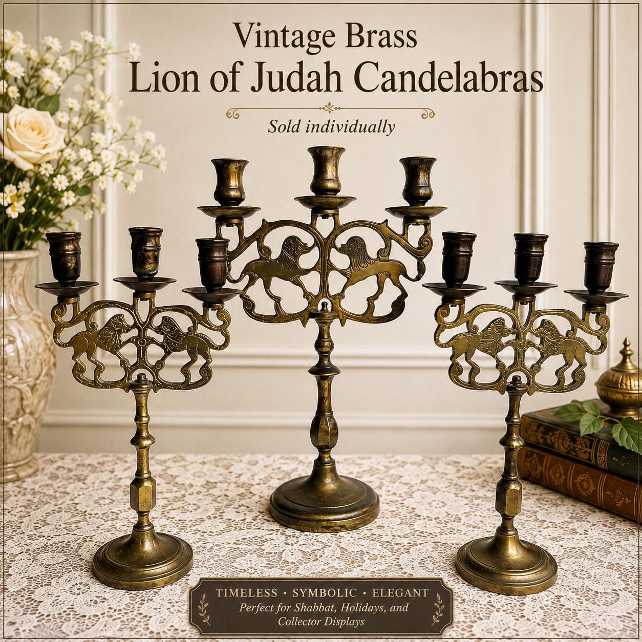 Vintage Brass Lion of Judah Candelabras – Sold individually