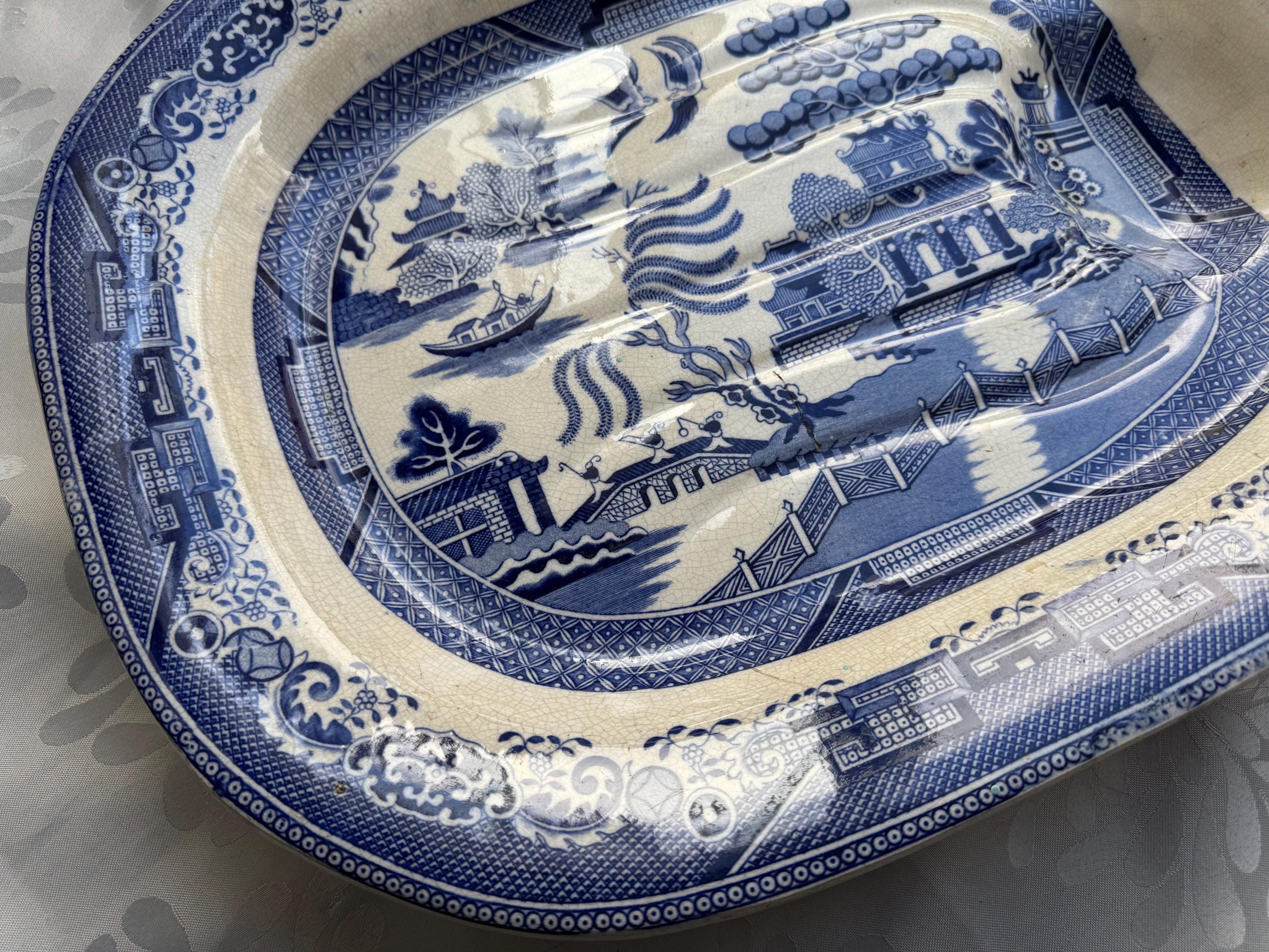 Antique Circa 1840 English Blue Willow “Well & Tree” Meat Platter – Monumental 19th-Century Serving Dish