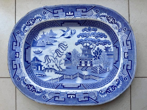 Antique M.T. & Co. Blue Willow Stoneware Platter – England, Circa Mid-19th Century