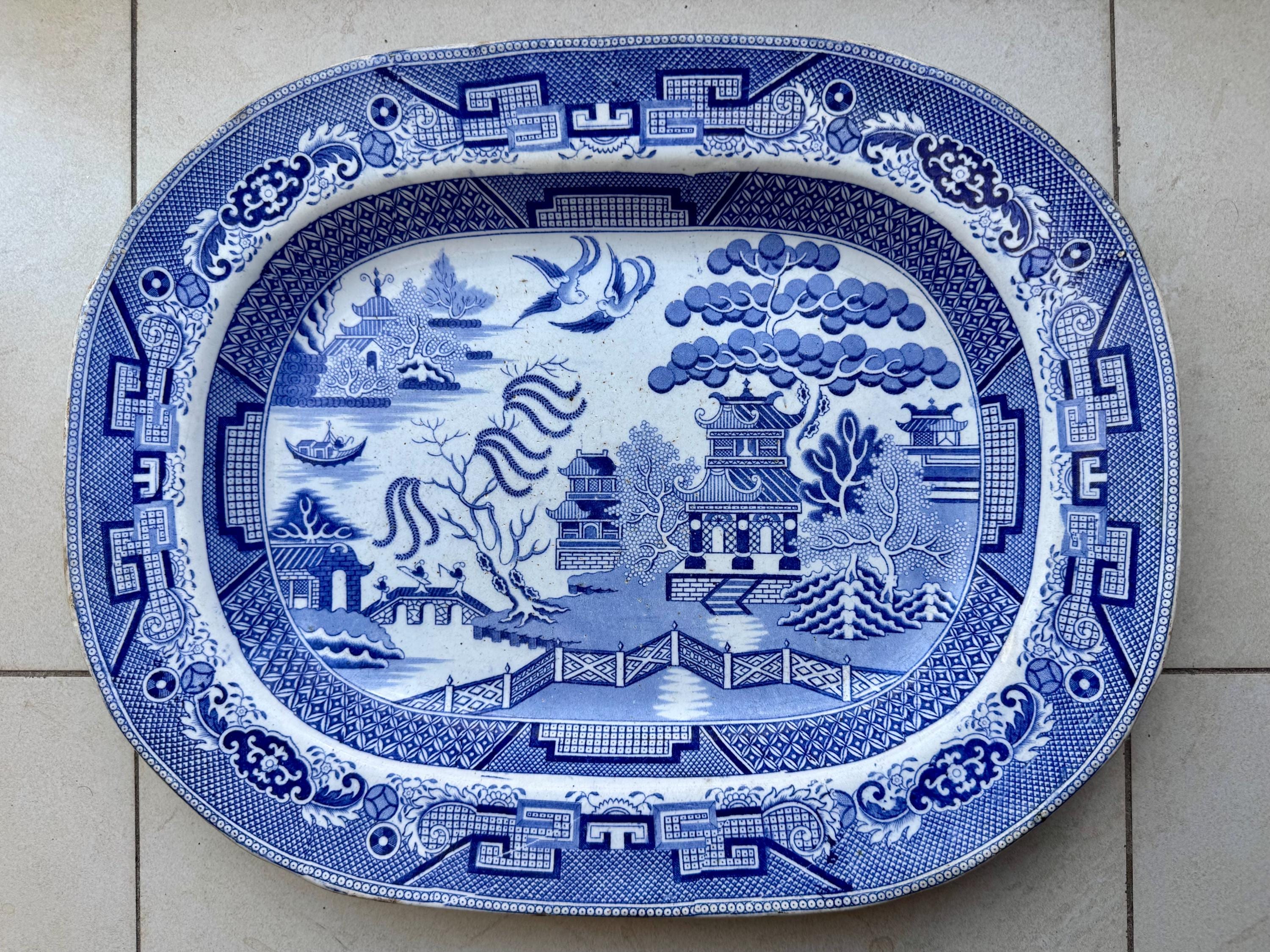 Antique M.T. & Co. Blue Willow Stoneware Platter – England, Circa Mid-19th Century