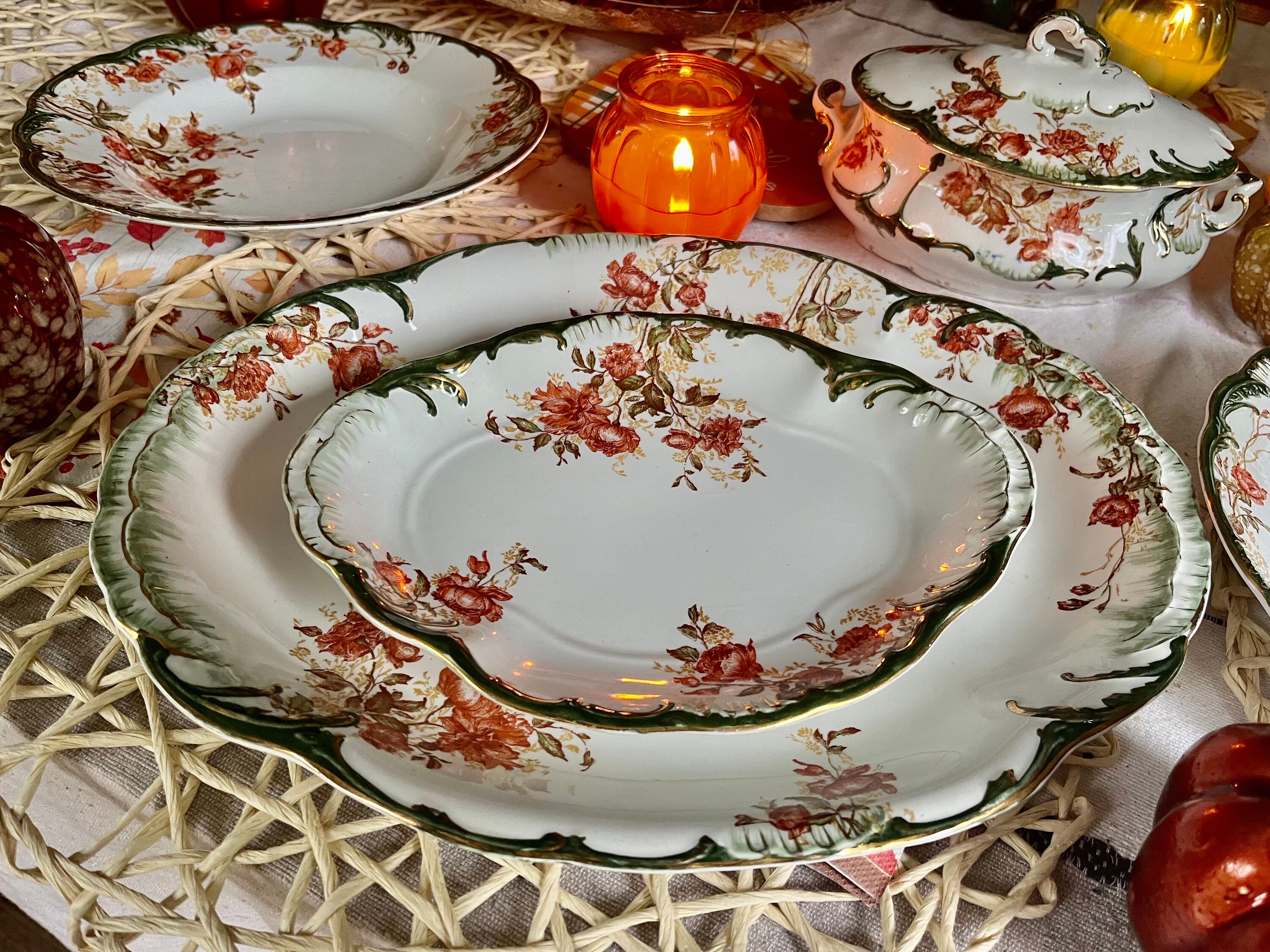 Antique Ridgway England Floral Dining Ensemble: Green & Gold, 6-Piece Set