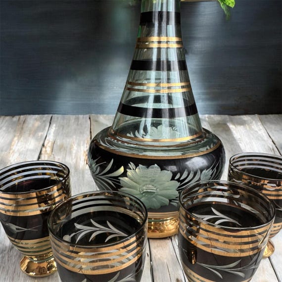 Vintage Bohemia Glass Decanter Set: Hand-Painted 22K Gold, Czechoslovakia