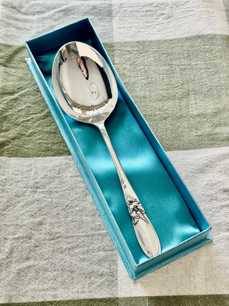Op de afbeelding: Een zilveren serveerlepel met een decoratief handvat, gepresenteerd in een blauwe geschenkdoos met een satijnen voering. De lepel heeft een grote, ovale kom en sierlijke bloemendetails. De doos is rechthoekig.