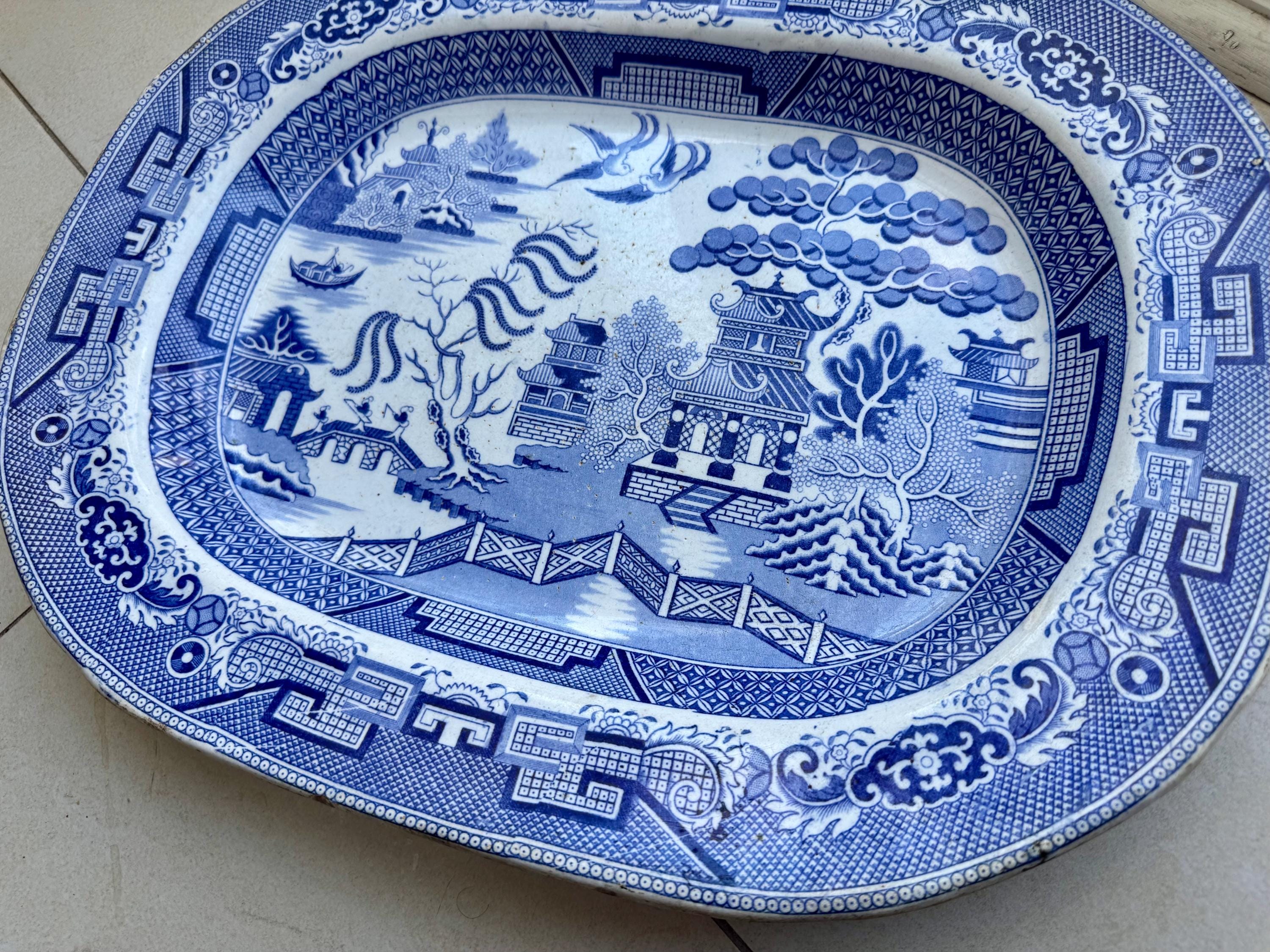 Antique M.T. & Co. Blue Willow Stoneware Platter – England, Circa Mid-19th Century