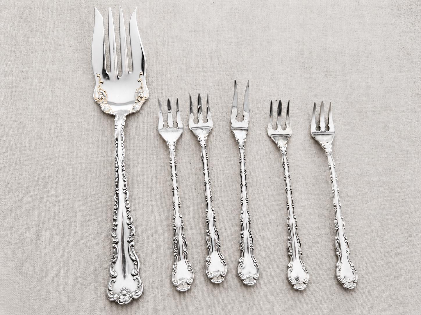 Vintage Silverplate Serving Cocktail Fork Set – Birks Regency Plate & Louis XV A1 – Ornate Flatware – 6 Pieces