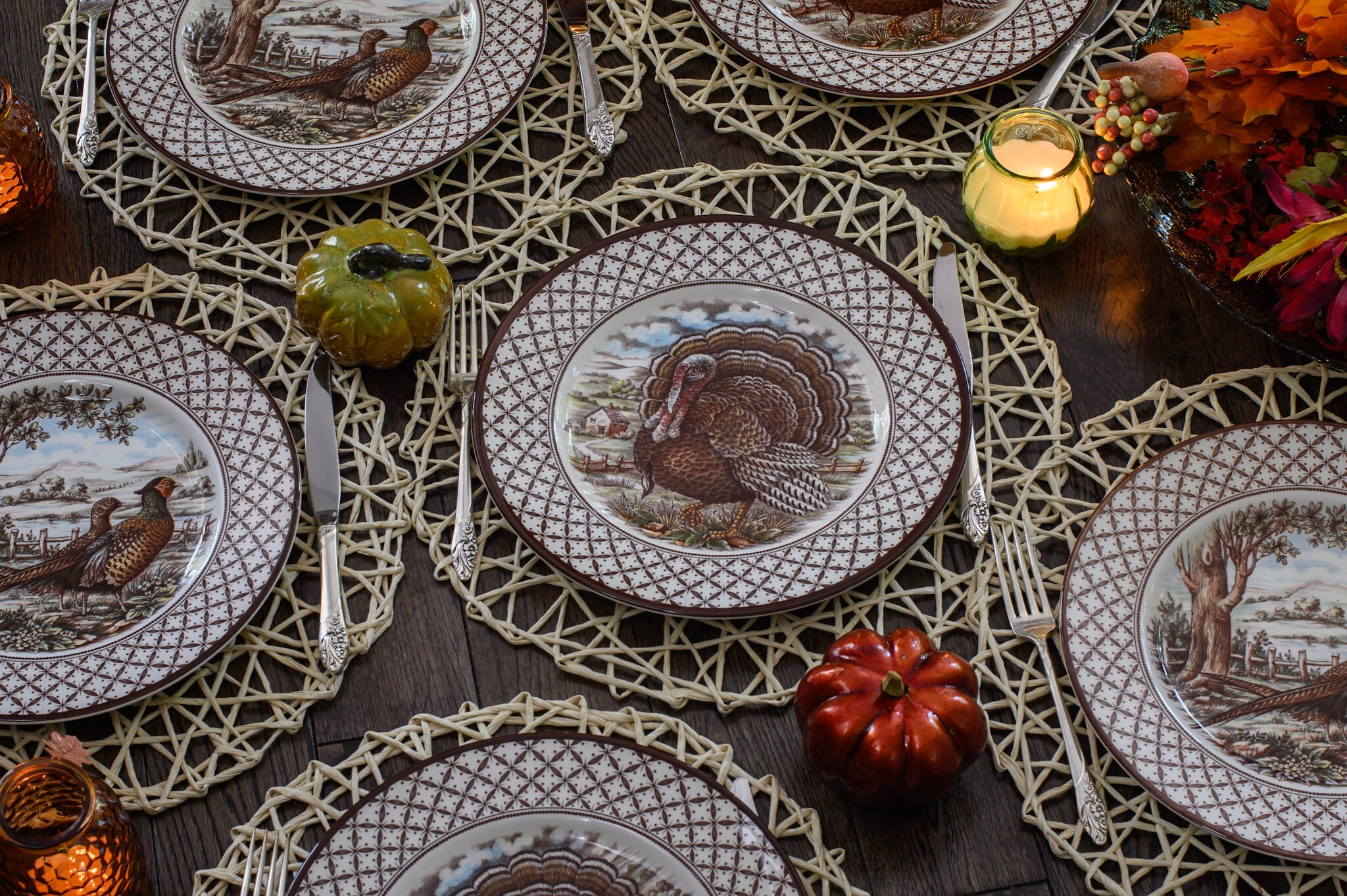 New Transferware Fall Thanksgiving Theme - Dinner Plates 11” - Chantilly Royal Stafford - Made in England