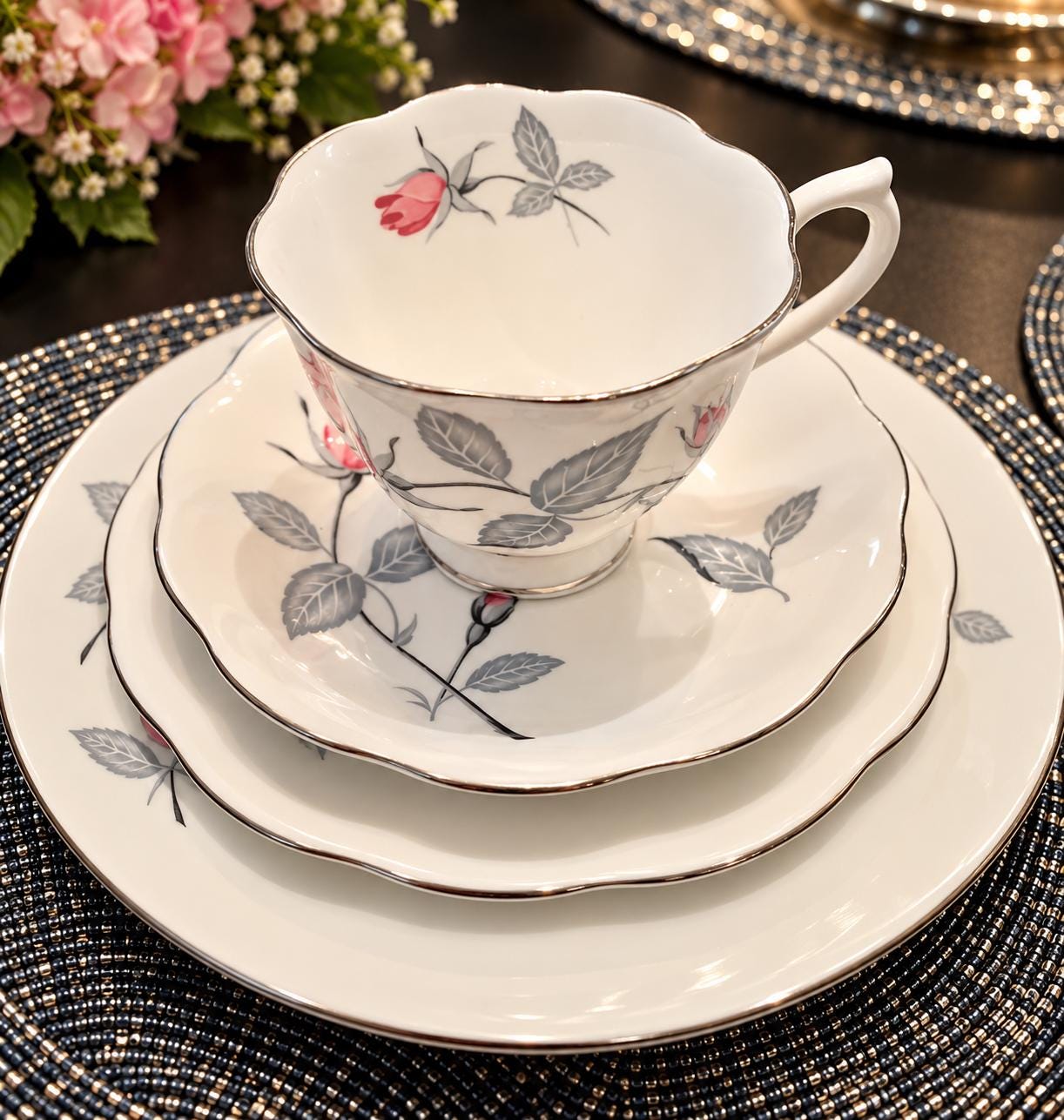 Vintage Royal Albert Trent Rose China | Dinner Place Setting, Tea Set & Serving Pieces | Pink Rose Silver Trim
