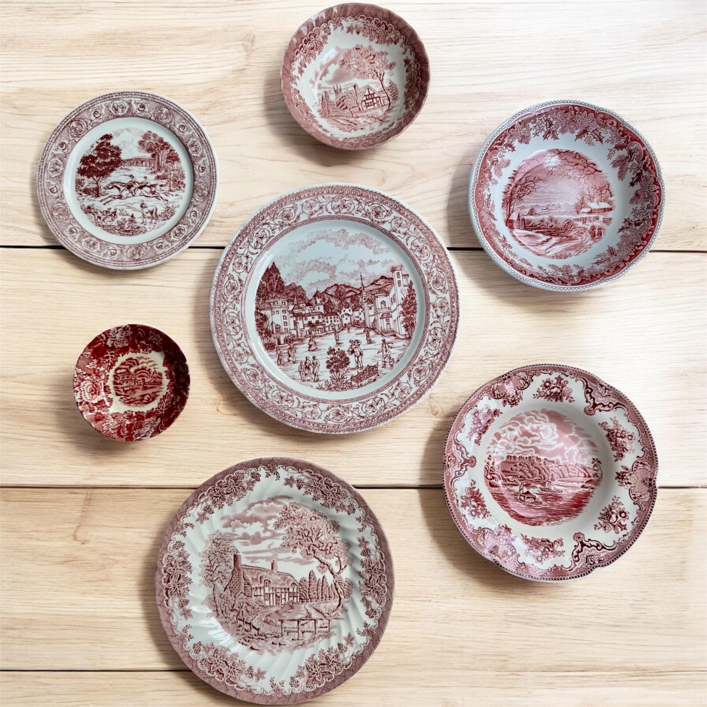 Red Transferware Set Vintage Red Transferware Plate Set – Country Village Scenes, Wall ...