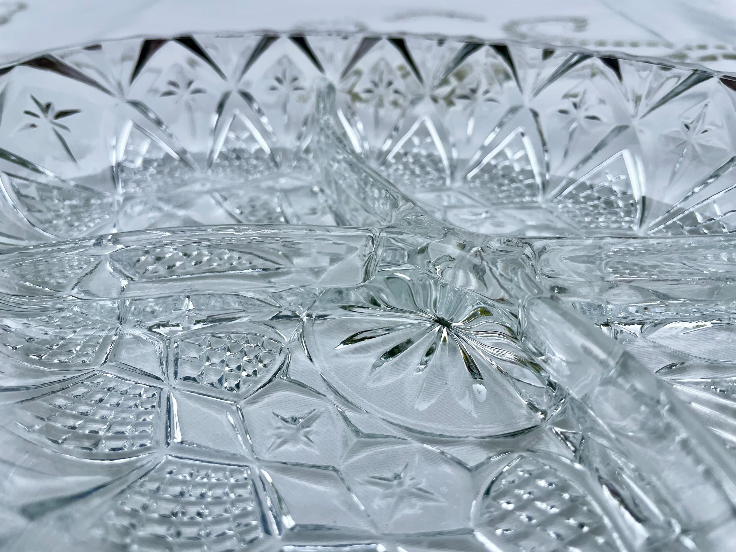 Vintage Pressed Glass Divided Relish Dish – Starburst & Diamond Pattern – Made in France