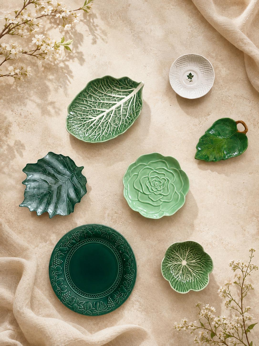 Vintage Green Botanical Wall Plate Collection – Set of 7 | Leaf & Cabbage Plates | Majolica Style Wall Gallery | Grandmillennial Decor