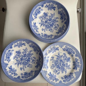 K&ouml;nnte beinhalten: Drei blaue und wei&szlig;e Keramikschalen mit einem Blumenmuster. Die Schalen sind alle unterschiedlich gro&szlig; und haben einen wei&szlig;en Hintergrund mit blauen Blumen und V&ouml;geln.