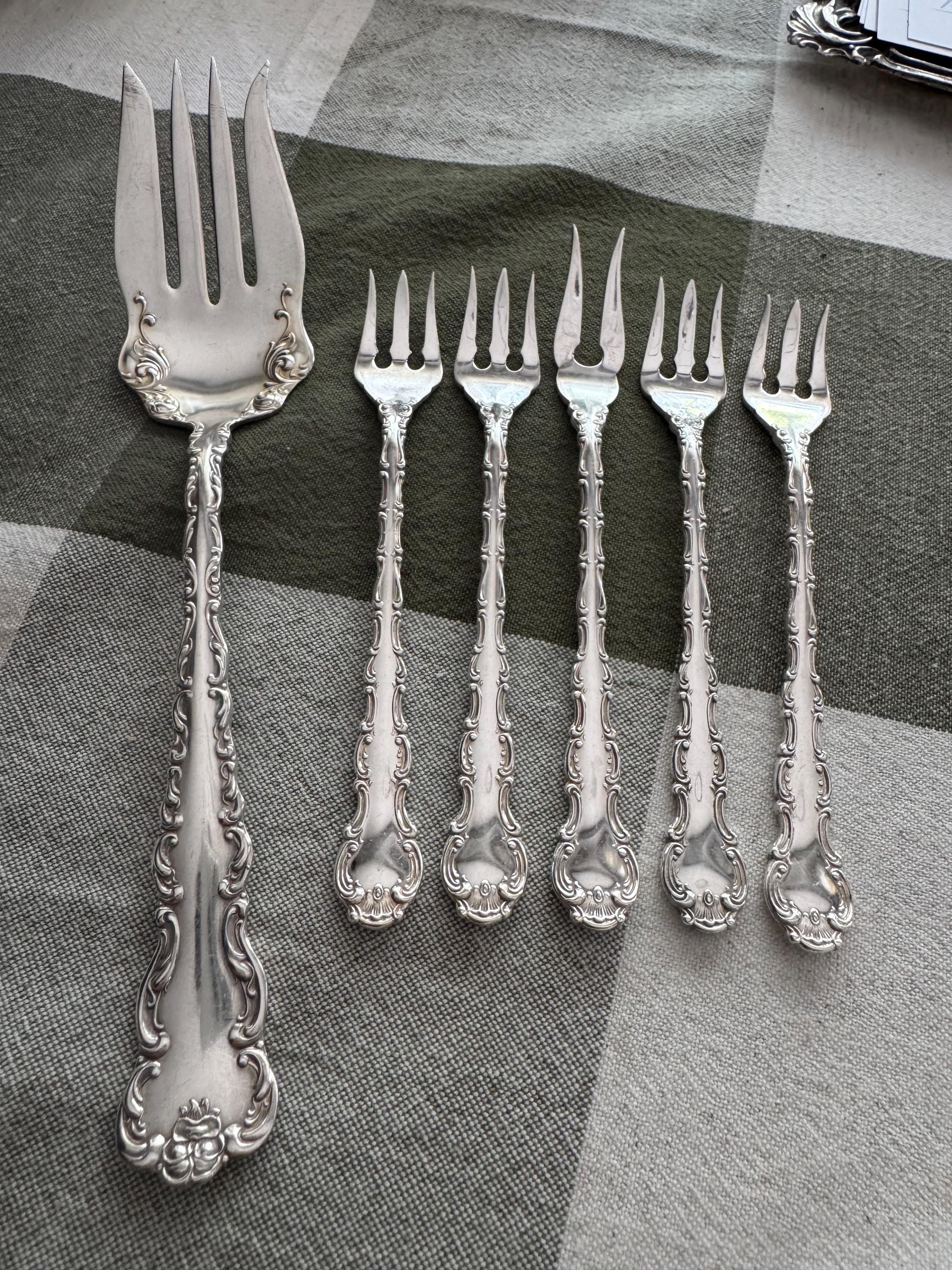 Vintage Silverplate Serving Cocktail Fork Set – Birks Regency Plate & Louis XV A1 – Ornate Flatware – 6 Pieces