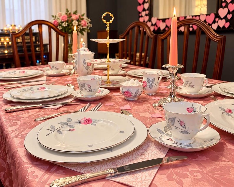 May include: A formal table setting featuring white porcelain dinnerware with a pink rose and grey leaf pattern, silver-toned flatware, a tiered serving stand, a teapot, a sugar bowl, and a tall pink taper candle in a silver holder.