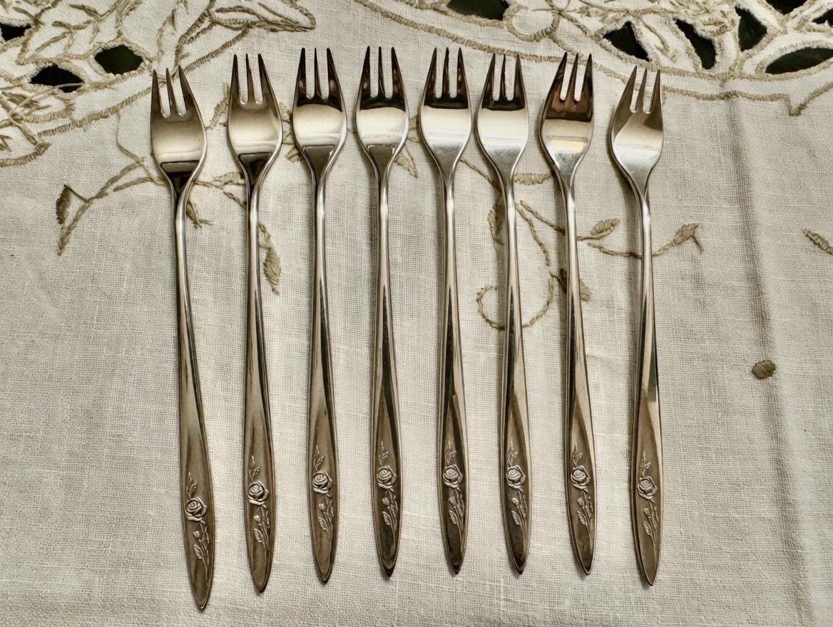 Rare Vintage Morning Rose Cocktail / Seafood Forks – Set of 8 – Oneida Silverplate (1960)