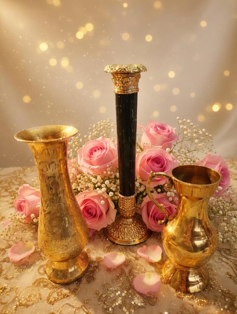 Vintage Brass Decor Collection — Marble Candlestick, Vase & Pitcher image 3